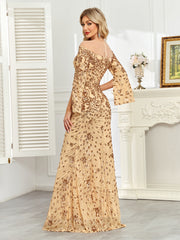 Royal Blue Sequin Split Flare‑Sleeve Mermaid Evening Gown