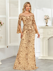Royal Blue Sequin Split Flare‑Sleeve Mermaid Evening Gown