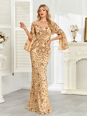 Royal Blue Sequin Split Flare‑Sleeve Mermaid Evening Gown