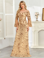 Royal Blue Sequin Split Flare‑Sleeve Mermaid Evening Gown