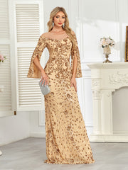 Royal Blue Sequin Split Flare‑Sleeve Mermaid Evening Gown
