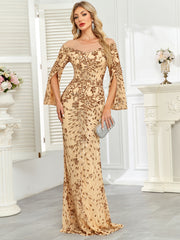 Royal Blue Sequin Split Flare‑Sleeve Mermaid Evening Gown