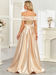 Champagne Gold Sequin Off‑Shoulder A‑Line Satin Evening Gown