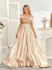 Champagne Gold Sequin Off‑Shoulder A‑Line Satin Evening Gown