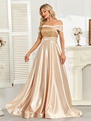 Champagne Gold Sequin Off‑Shoulder A‑Line Satin Evening Gown