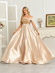 Champagne Gold Sequin Off‑Shoulder A‑Line Satin Evening Gown