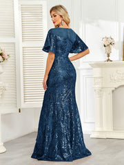 Champagne Gold Sequin Flutter Sleeve A‑Line Evening Gown
