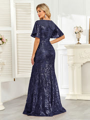 Champagne Gold Sequin Flutter Sleeve A‑Line Evening Gown