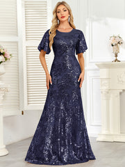 Champagne Gold Sequin Flutter Sleeve A‑Line Evening Gown