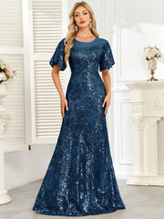 Champagne Gold Sequin Flutter Sleeve A‑Line Evening Gown