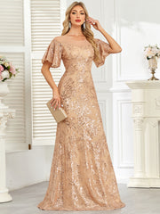 Champagne Gold Sequin Flutter Sleeve A‑Line Evening Gown