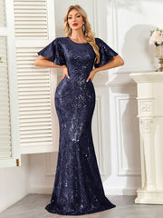 Champagne Gold Sequin Flutter Sleeve A‑Line Evening Gown