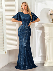 Champagne Gold Sequin Flutter Sleeve A‑Line Evening Gown