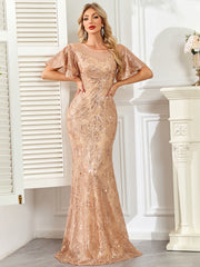 Champagne Gold Sequin Flutter Sleeve A‑Line Evening Gown