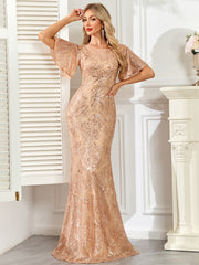 Champagne Gold Sequin Flutter Sleeve A‑Line Evening Gown