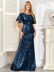 Champagne Gold Sequin Flutter Sleeve A‑Line Evening Gown