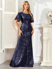 Champagne Gold Sequin Flutter Sleeve A‑Line Evening Gown