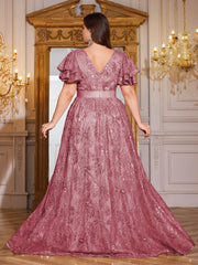 Royal Blue Sequin Ruffle Sleeve High‑Waist A‑Line Evening Gown