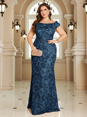 Navy Blue Floral Sequin Off‑Shoulder Sheath Maxi Gown