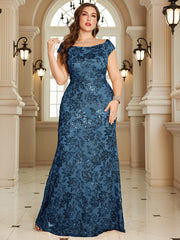 Navy Blue Floral Sequin Off‑Shoulder Sheath Maxi Gown
