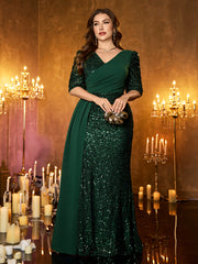 Emerald Green Surplice V‑Neck Chiffon Sash Mermaid Plus Size Evening Gown
