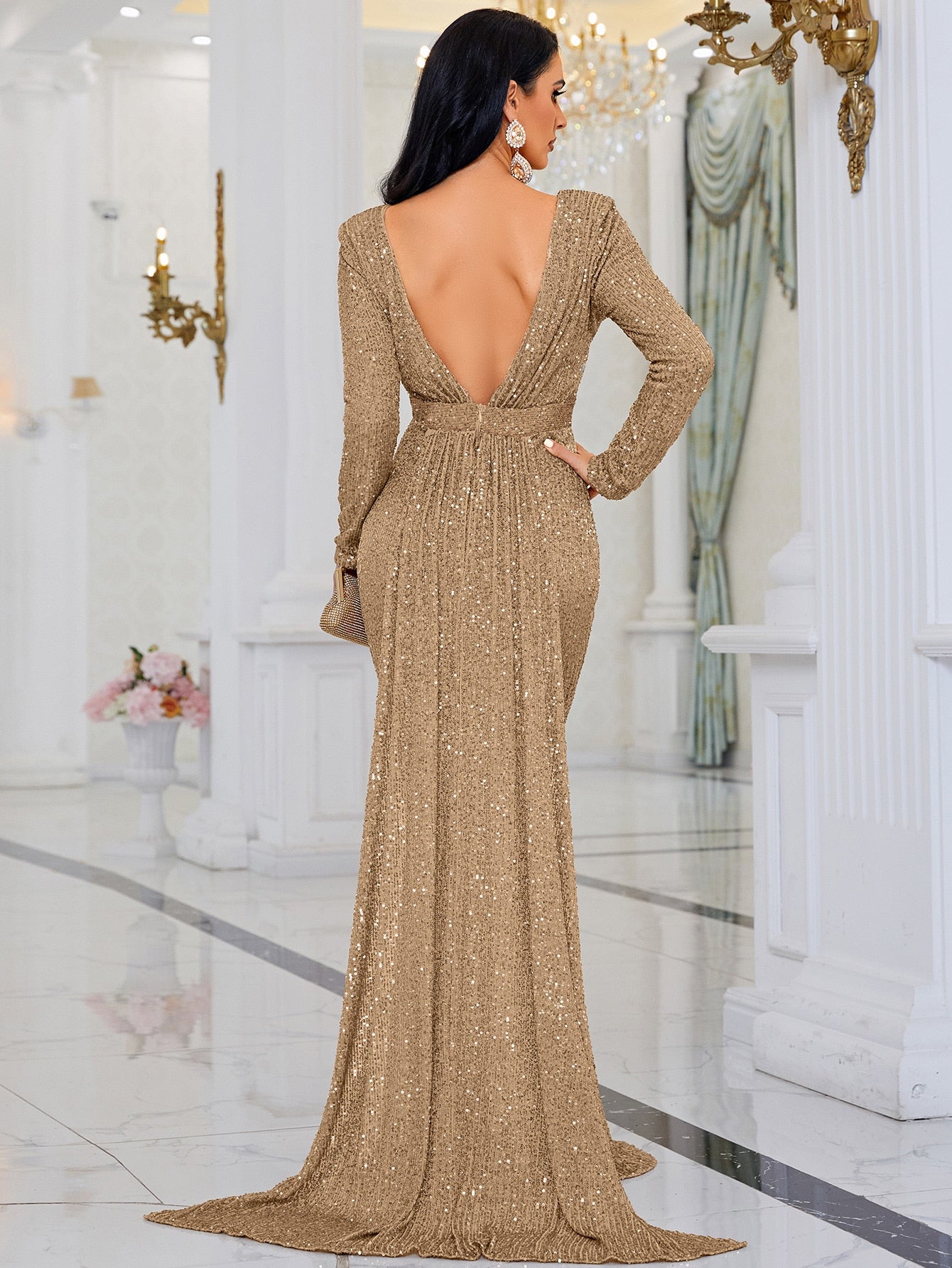 Open Back Mermaid Hem Sequin Formal Gown