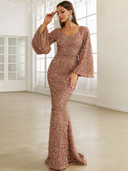 Sequin Sweetheart Neck Trumpet Sleeve Mermaid Hem Floor Formal Gown