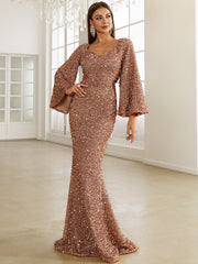 Sequin Sweetheart Neck Trumpet Sleeve Mermaid Hem Floor Formal Gown
