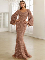 Sequin Sweetheart Neck Trumpet Sleeve Mermaid Hem Floor Formal Gown
