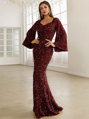 Sequin Sweetheart Neck Trumpet Sleeve Mermaid Hem Floor Formal Gown