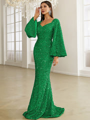 Sequin Sweetheart Neck Trumpet Sleeve Mermaid Hem Floor Formal Gown