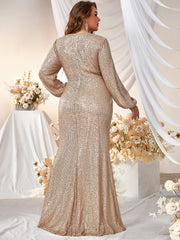 Plus Lantern Sleeve Wrap Sequin Formal Dress