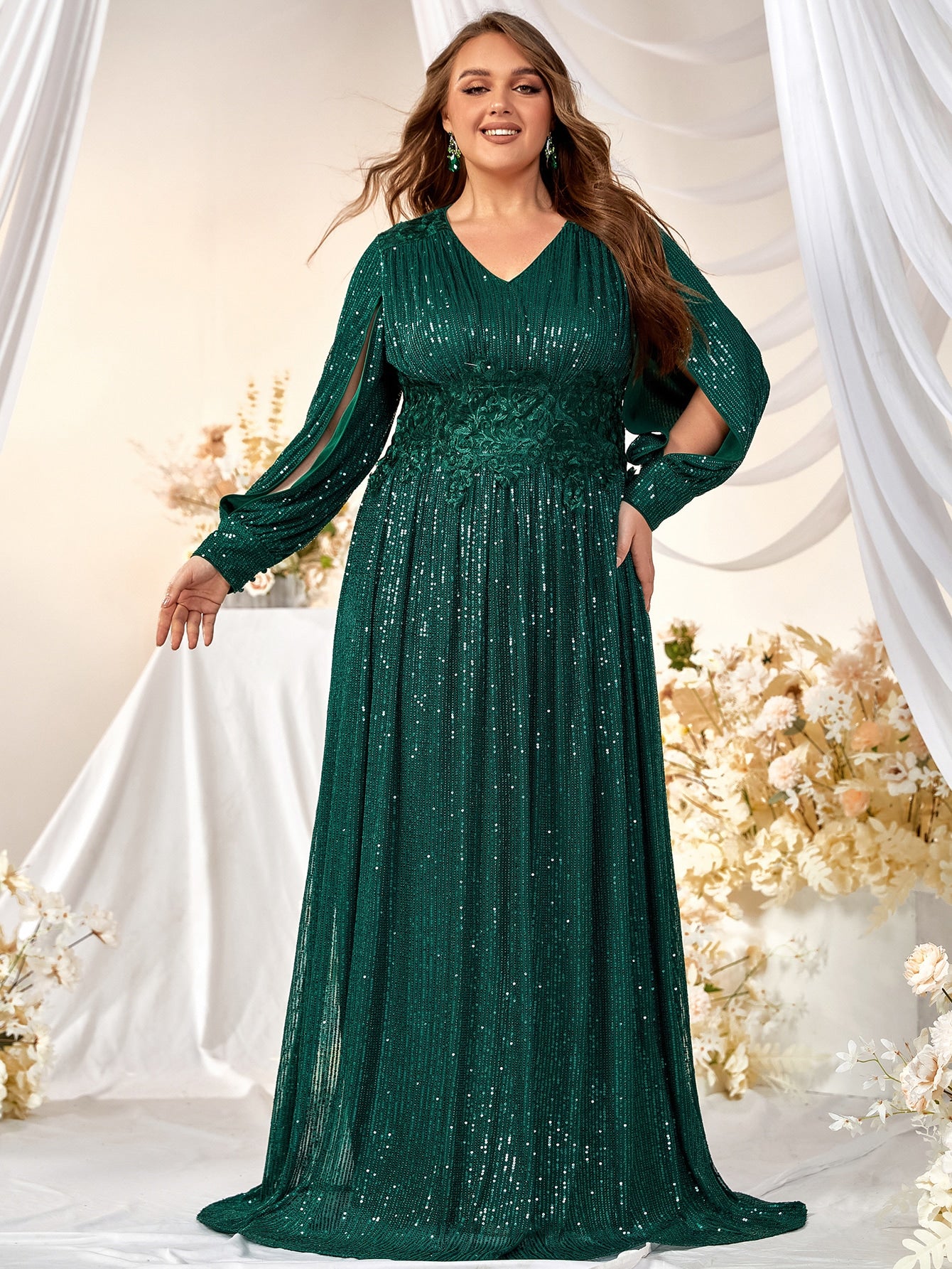 Plus Split Sleeve Sequin Formal Dress