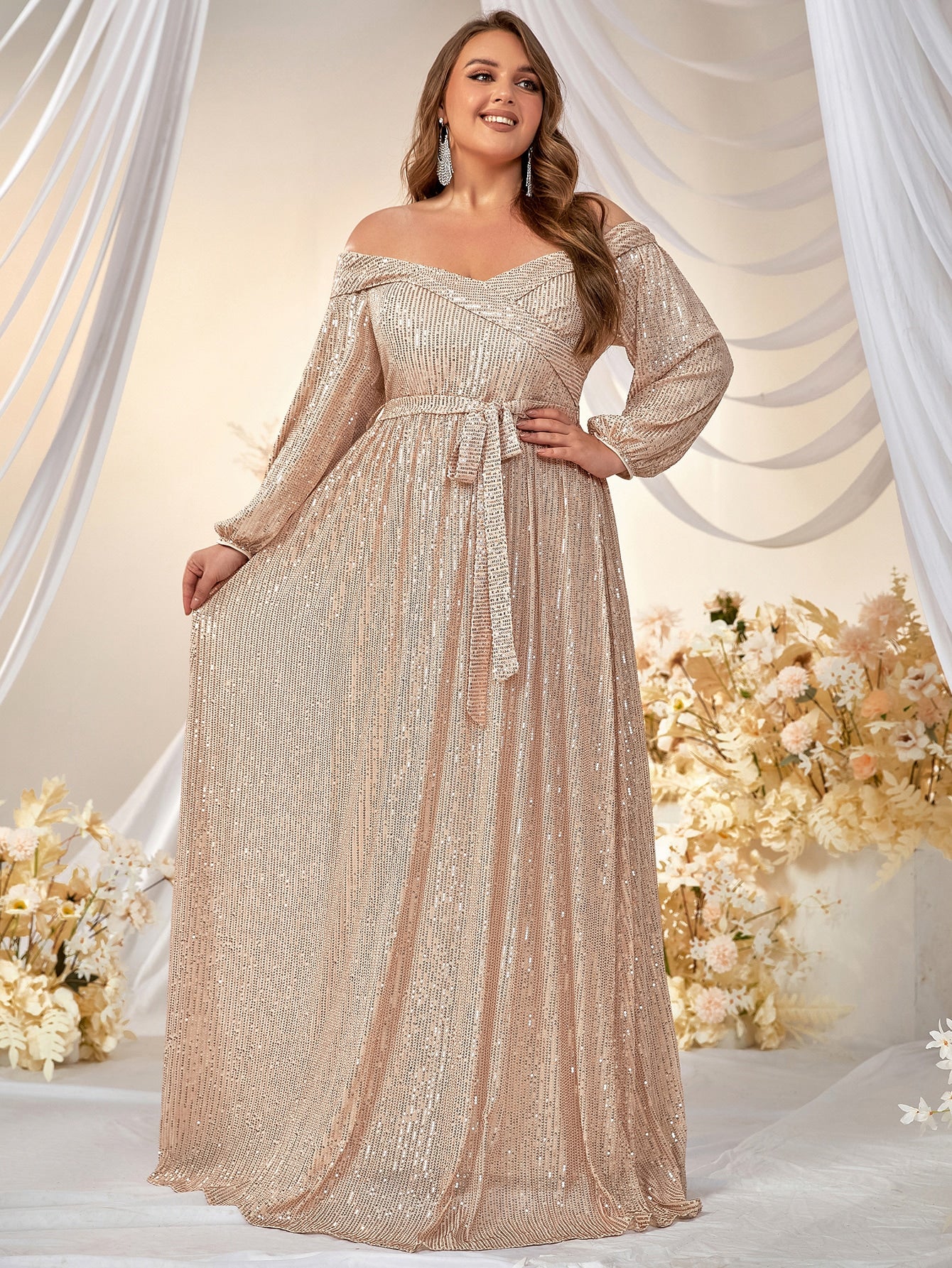 Plus Off Shoulder Belted Sequin Formal Dress