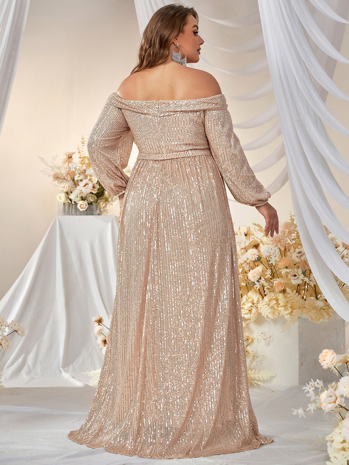 Plus Off Shoulder Belted Sequin Formal Dress