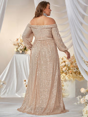 Plus Off Shoulder Belted Sequin Formal Dress