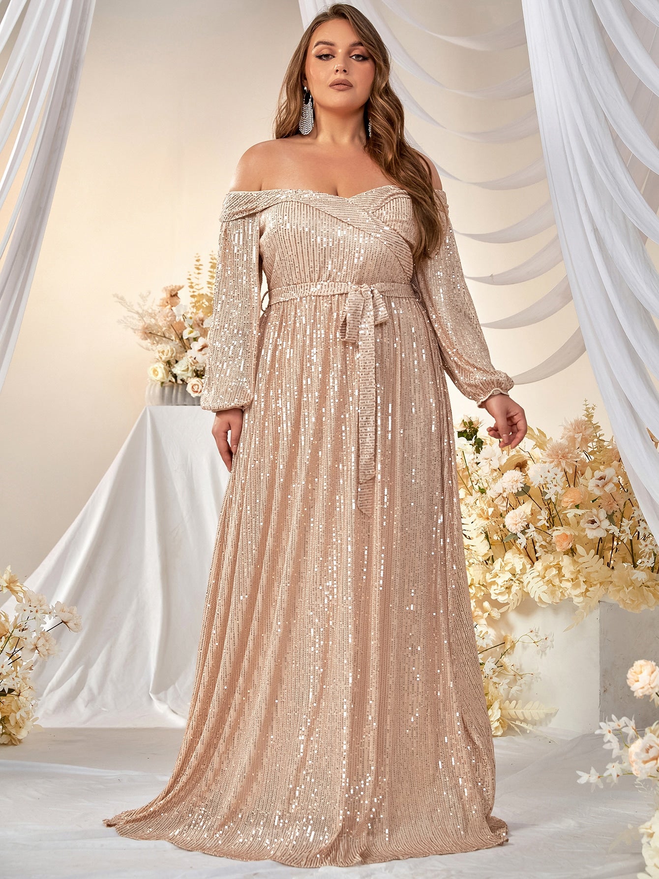 Plus Off Shoulder Belted Sequin Formal Dress