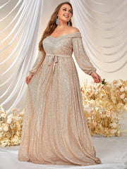 Plus Off Shoulder Belted Sequin Formal Dress