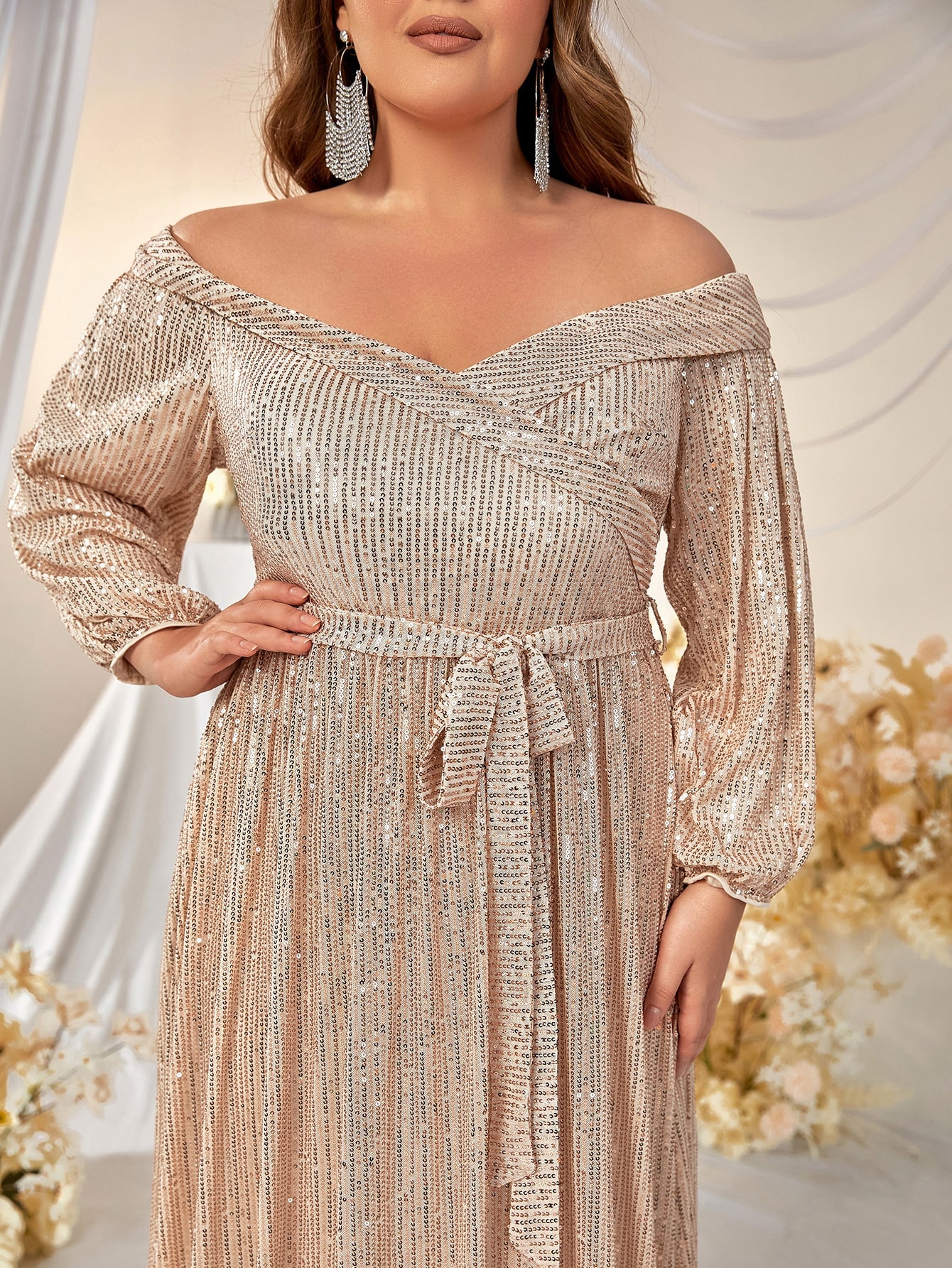 Plus Off Shoulder Belted Sequin Formal Dress