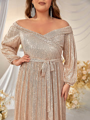 Plus Off Shoulder Belted Sequin Formal Dress