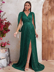 Surplice Neck Split Thigh Sequin Formal Dress