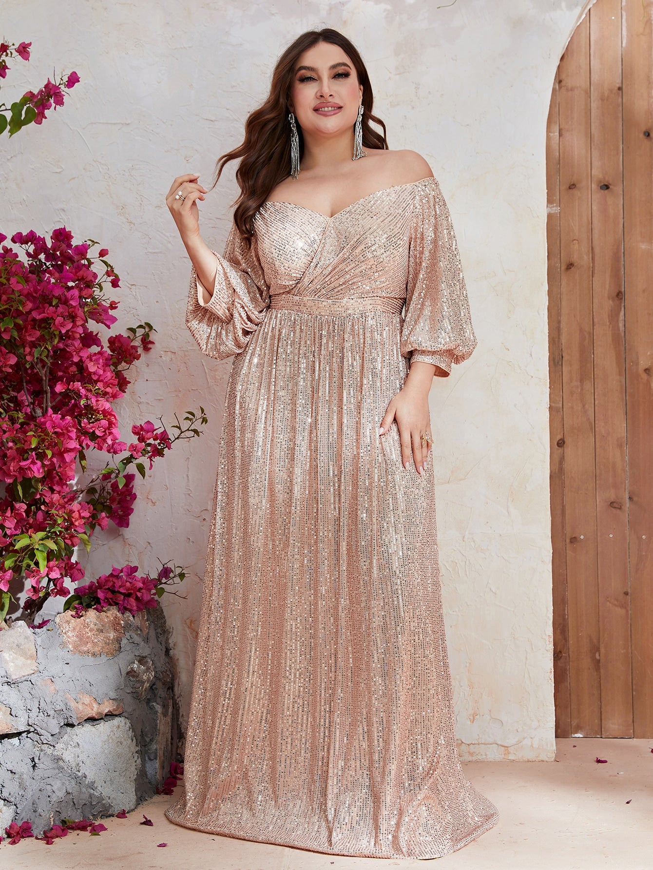 Plus Off Shoulder Lantern Sleeve Sequin Dress