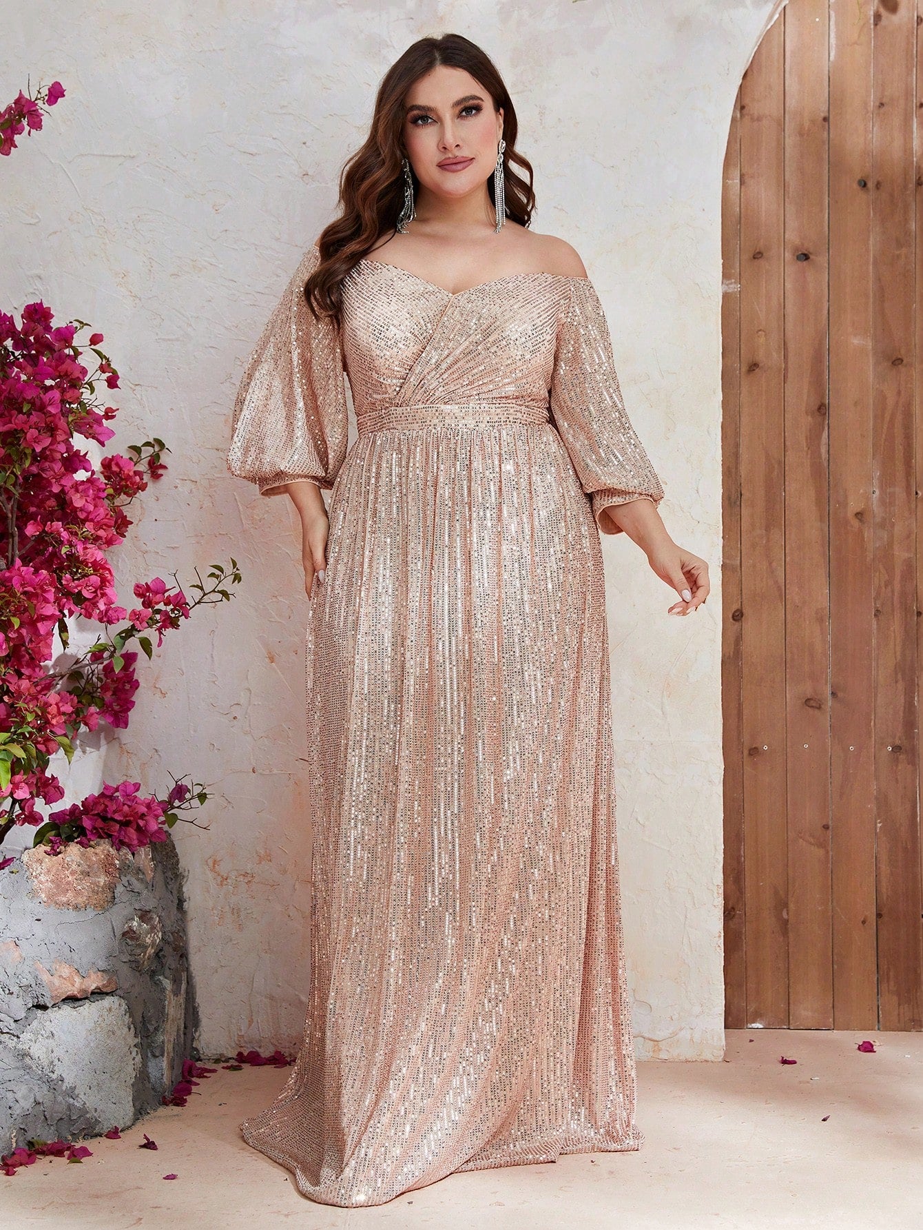 Plus Off Shoulder Lantern Sleeve Sequin Dress