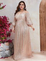 Plus Off Shoulder Lantern Sleeve Sequin Dress