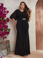 Plus Rhinestone Detail Ruffle Trim Draped Front Maxi Dress