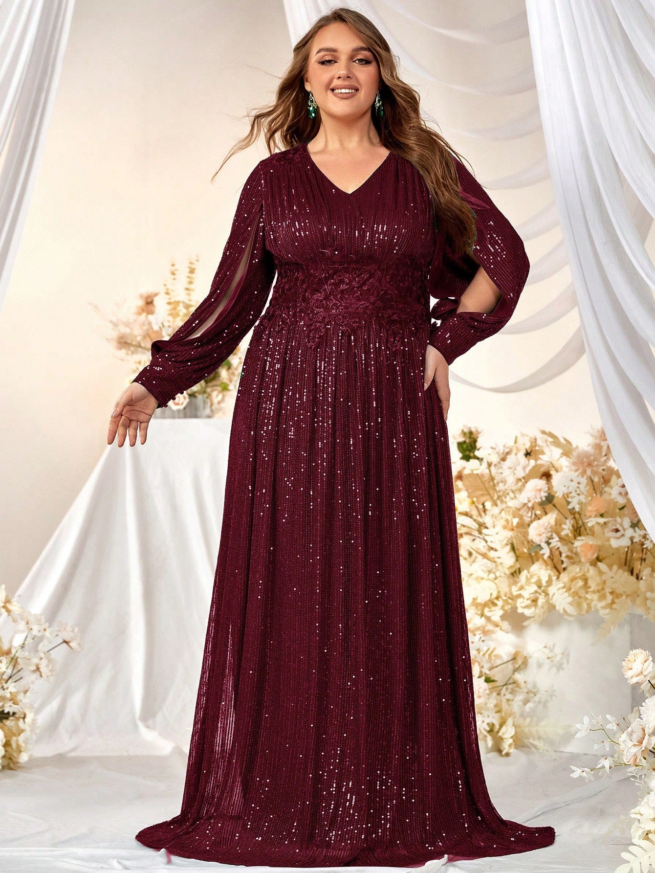 Plus Split Sleeve Sequin Formal Dress