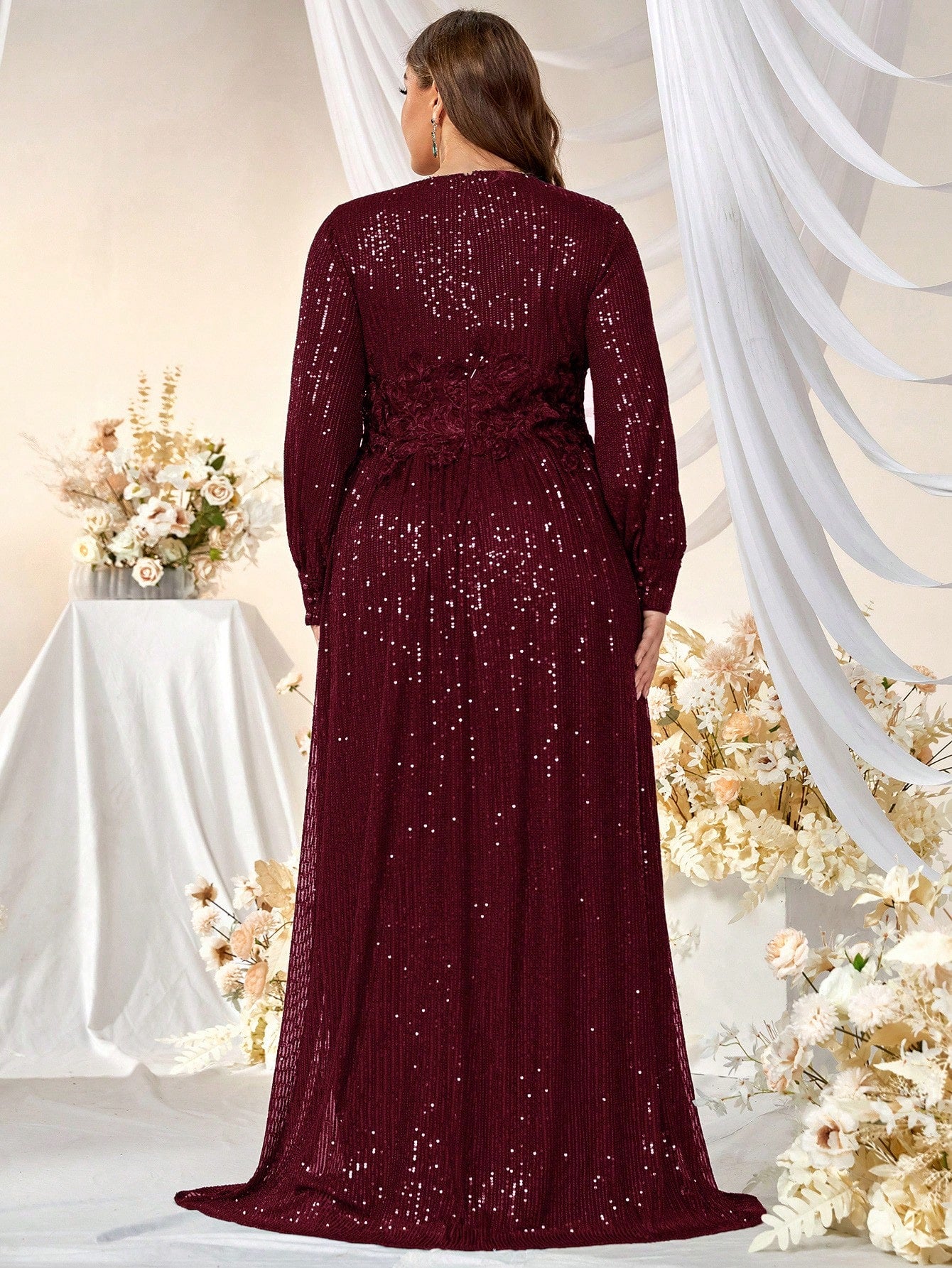 Plus Split Sleeve Sequin Formal Dress