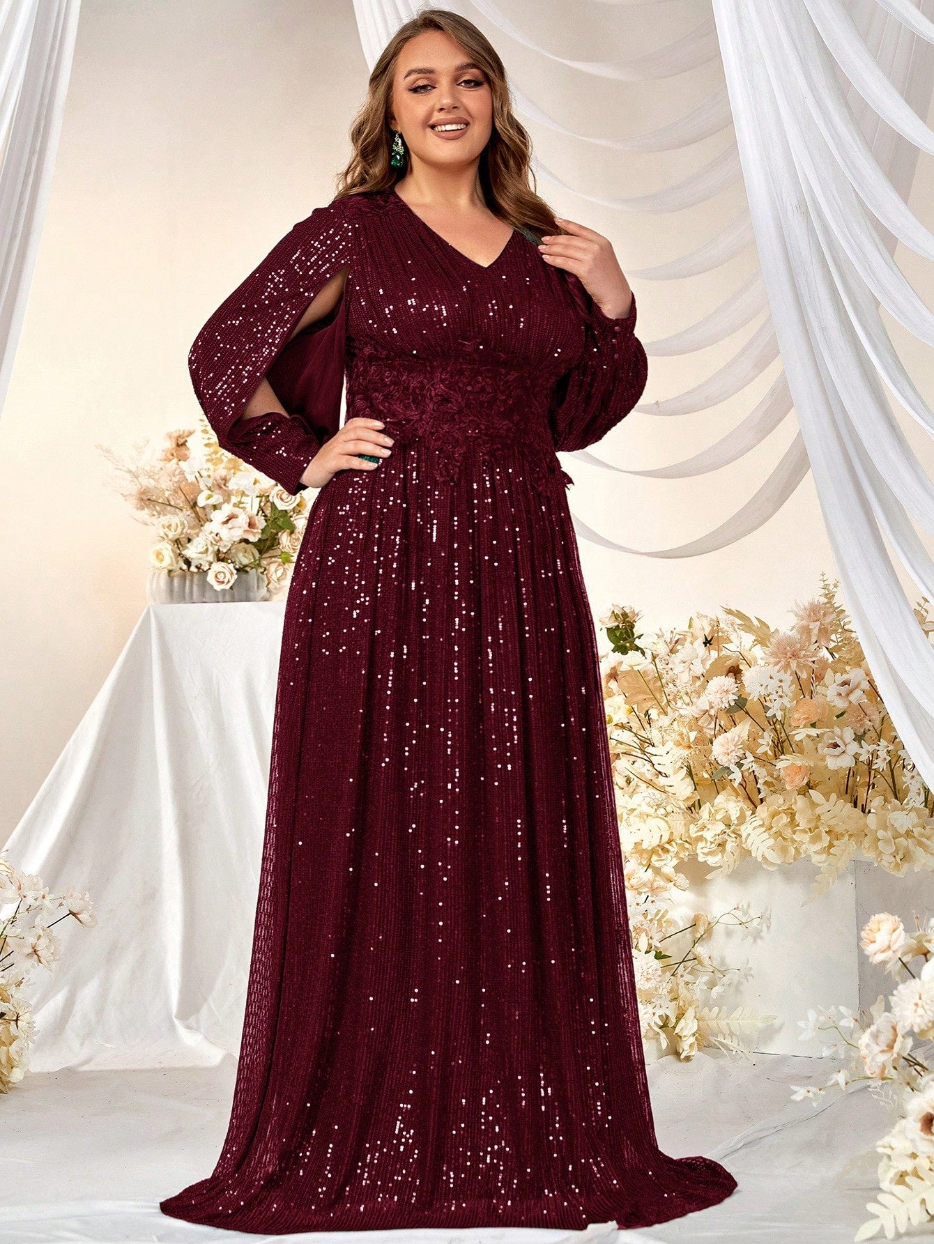 Plus Split Sleeve Sequin Formal Dress
