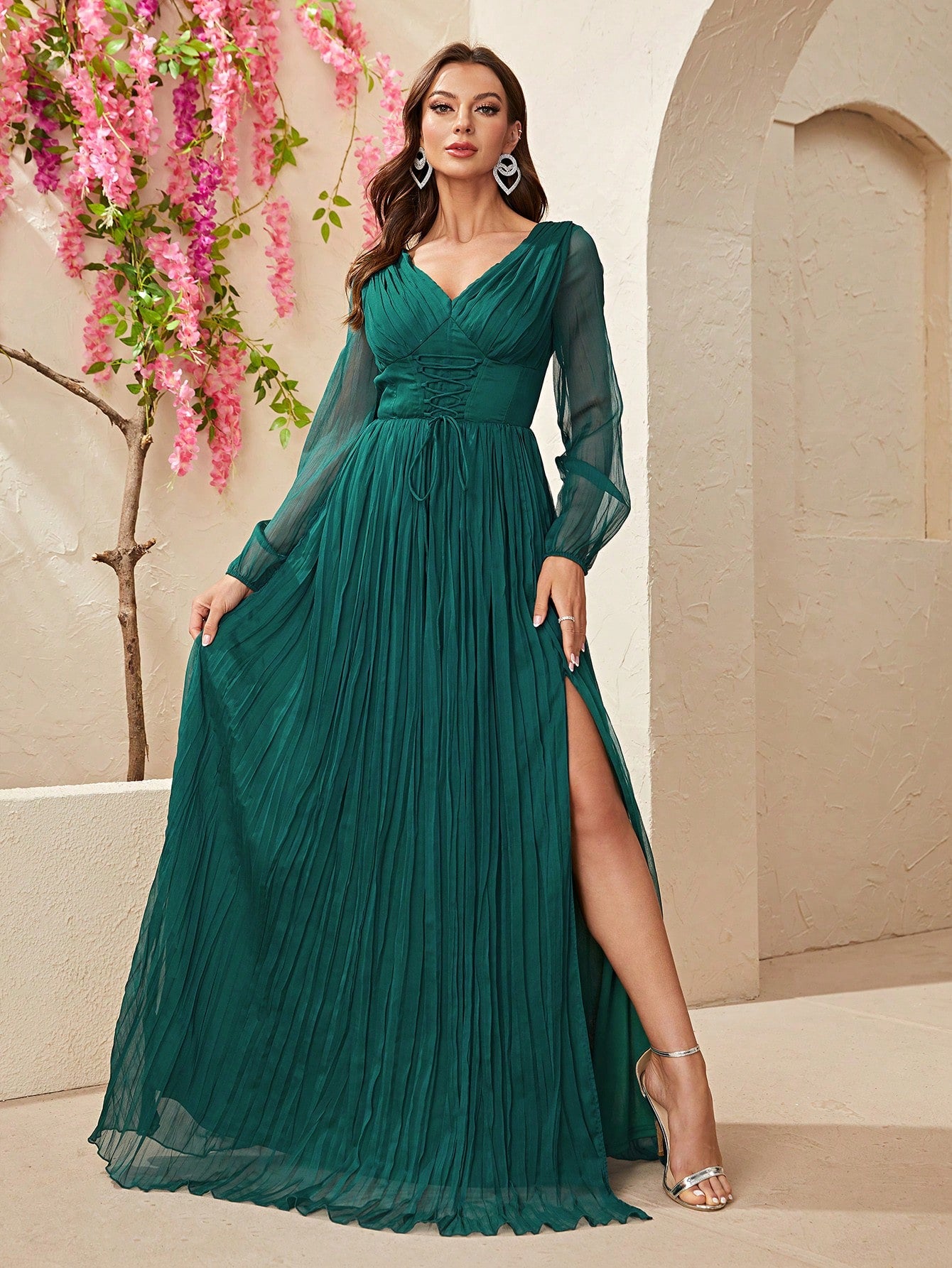 Surplice Neck Lace Up Split Thigh Dress