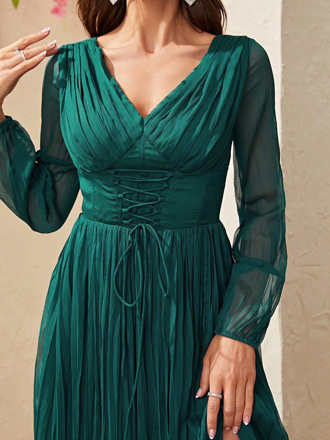 Surplice Neck Lace Up Split Thigh Dress